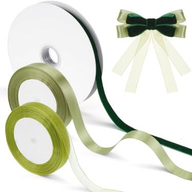 Imagem de Craftsatin Fita de veludo verde escuro 1,5 cm x 1 rolo de 25 metros, fita de organza verde sálvia/cetim transparente x 2 rolos no total 60 jardas para embrulho de presente Natal, casamento, buquê de