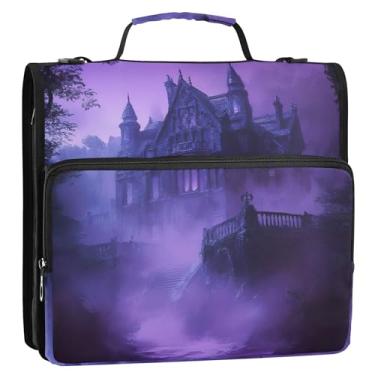 Imagem de Castelo gótico roxo Halloween fichário 3 anéis resistentes com zíper organizador de fichários escolares bolsa com alça de ombro para portfólio comporta 500 folhas