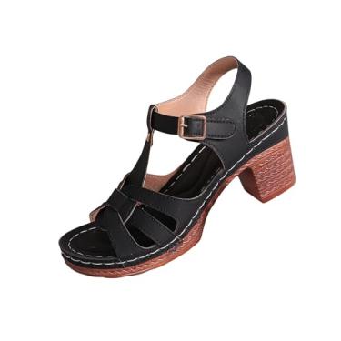 Imagem de Sandálias femininas modernas casuais estilo primavera e verão boca de peixe bico aberto atrás vazio fivela de uma linha salto grosso sandálias de salto alto, Preto, 36