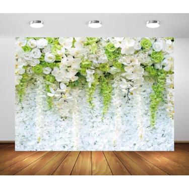 Imagem de Pano de fundo de parede de flores, 3 x 2,4 m, tecido de poliéster, flores brancas e verdes, cenário natural, cerimônia de casamento, chá de panela, decoração de festa de aniversário, banner, estúdio