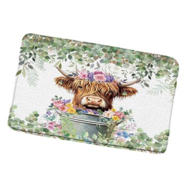 Imagem de Tapete de banho de vaca Highland verde primavera folhas de eucalipto aquarela floral bonito touro rústico engraçado bezerro gado ocidental casa de fazenda animais tapetes de banheiro capacho de