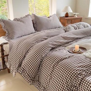Imagem de NSNLGSGC Conjunto de capa de edredom xadrez xadrez de microfibra pré-lavada, 3 peças, tamanho Queen, 3 peças, vintage, estilo guingão, 228 cm x 228 cm