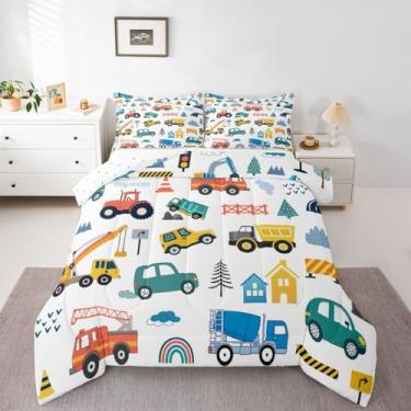 Imagem de jejeloiu Jogo de cama solteiro com desenho animado de carro, escavadeira, para crianças, meninos, meninas, veículos de construção, equipamentos, caminhões, decoração de quarto, microfibra, 2 peças com