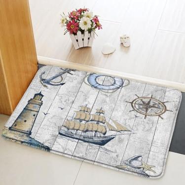 Imagem de Tapete de banho náutico, âncora, veleiro, vintage, rústico, celeiro, tábua, madeira, bússola, estrela-do-mar, concha do mar, tapetes de banheiro, capacho de cozinha, tapete de banheiro 45 x 75 cm