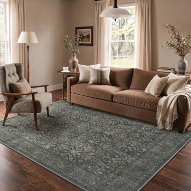 Imagem de Bavni Tapetes de área para sala de estar, tapetes de área de 12 x 18 cm, antiderrapante, lavável, tapete boho estético ultrafino para quarto, sala de jantar, escritório, verde escuro