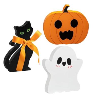 Imagem de Tianhengyi Conjunto de decorações de Halloween de madeira – placas de blocos de fantasma, abóbora e gato preto para decoração de casa em ambientes internos e externos, cornija, mesa central, presente