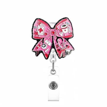 Imagem de Carretel de crachá de laço de enfermeira, suporte de crachá com tema médico rosa brilhante com estetoscópio e design de frasco de remédios, clipe retrátil para crachá de identificação de trabalho para