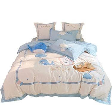 Imagem de Desenho animado 60 cetim algodão de fibra longa quatro peças bonito golfinho patch bordado capa de edredom roupa de cama (cor: terno de 4 peças, tamanho: 1,8 m) (terno de 5 peças)