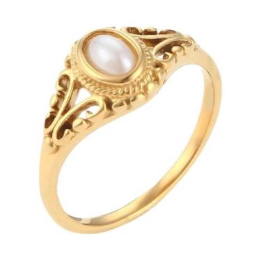 Imagem de Anel Feminino Fino Banhado a Ouro 18K Com Pérola De Água Doce, Aço Ino