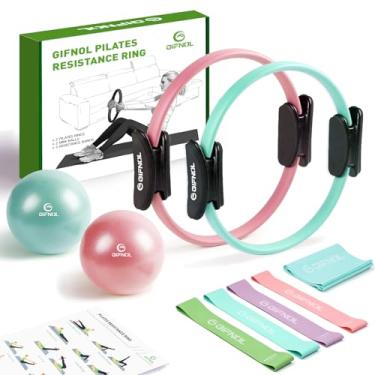 Imagem de GIFNOL Conjunto de anel e bola de Pilates com faixas de resistência - Equipamento de Pilates para treino doméstico - Anéis de Pilates de 35,5 cm e 30,5 cm, 2 bolas de Pilates, 5 faixas de resistência