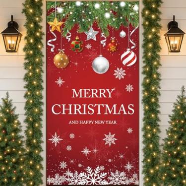 Imagem de 183 x 91 cm Feliz Natal e Feliz Ano Novo Banner Capa de porta, placa de varanda temática de ornamento de floco de neve vermelho, grande pano de fundo de parede para decoração de festa de férias