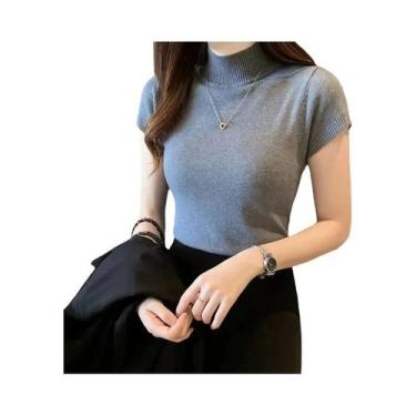 Imagem de Camiseta Feminina De Manga Curta Com Gola Alta Em Cor Sólida Top De Ve