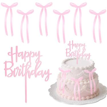 Imagem de Yuomeaz 7Pcs Pink Bows for Cake, Pink Bow Cake Toppers with Happy Birthday Cakes Topper, Small Ribbon Bows Cakes Decorations for Birthday Wedding Anniversary Party