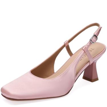 Imagem de TEAIEUI Sapato social feminino com salto slingback bico fechado 6 cm salto baixo gatinho com tira ajustável no tornozelo para trabalho, escritório, casamento, noite, Cetim rosa, 38