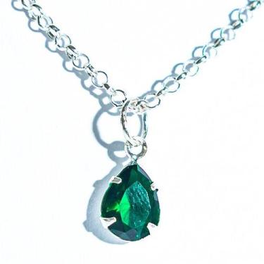 Imagem de Colar Gota Facetada Zircônia Esmeralda Garra Prata 925 - CristaisdeCur