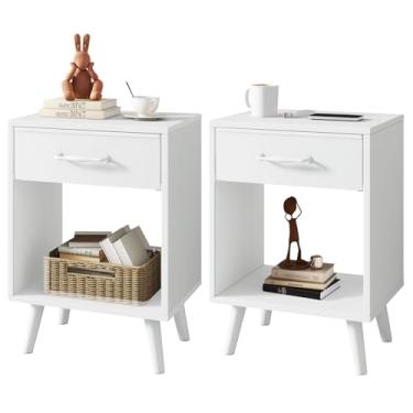 Imagem de YMYNY Conjunto de 2 mesas-de-cabeceira, mesa lateral com gaveta de tecido, alça e compartimento aberto, pernas de madeira maciça, mesa de centro de madeira para quarto, sala de estar, branco UHST020W