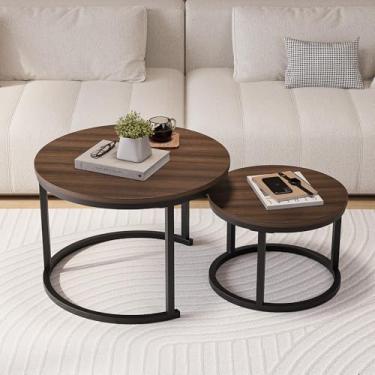 Imagem de HOJINLINERO Mesa de centro redonda, conjunto de 2 mesas de centro para sala de estar, escritório, espaço pequeno, mesas laterais empilháveis, montagem resistente e fácil, mesa de madeira, nogueira