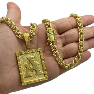 Imagem de Cordão 8Mm Friso + Pingente Letra - Banhado A Ouro