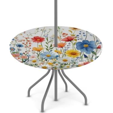 Imagem de Pardick Toalha de mesa redonda para uso ao ar livre com furo de guarda-chuva de 91,4 a 111,8 cm, toalha de mesa elástica com zíper e flores selvagens para uso ao ar livre redonda impermeável com zíper