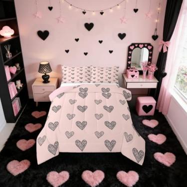Imagem de Erosebridal Jogo de cama casal de coração desenhado à mão para meninas, adolescentes, mulheres, romântico, dia dos namorados, preto geométrico, listras, edredom