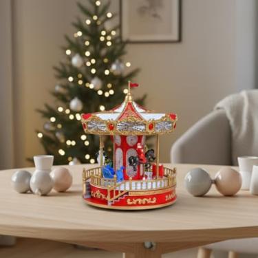 Imagem de Carrossel Natalino Cenário Enfeite Natal Luz Som E Movimento Vermelho 27cm