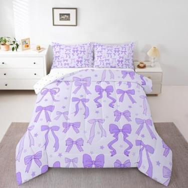 Imagem de Feelyou Conjunto de cama com laço de aquarela, para crianças, meninos, meninas, fofo, roxo, laço, coquete, edredom para decoração de quarto, respirável, microfibra macia, estilo princesa sonhadora, 3