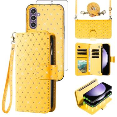Imagem de Capa carteira compatível com Samsung Galaxy S23 FE 5G com zíper e película protetora de tela de vidro temperado, alça transversal, flip com glitter, porta-cartões, capa para celular para S 23 EF S23FE
