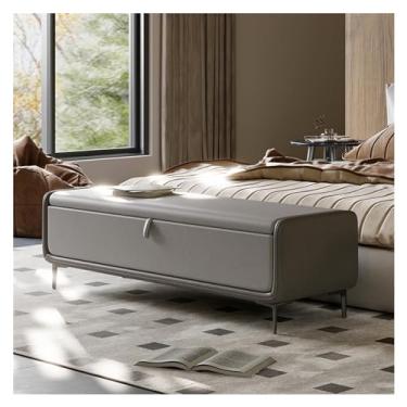 Imagem de Banco otomano moderno moderno de couro sintético com base de metal, banco estofado de quarto para o final da cama, banco de sapatos de luxo, apoio para os pés para quarto, sala de estar, decoração de