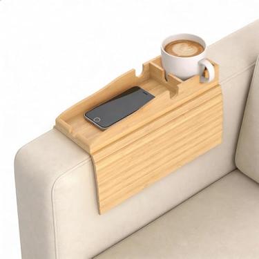 Imagem de Korser Mesa de apoio de braço de sofá, bandeja de braço de sofá com suporte de copo removível, bandeja de apoio de braço antiderrapante 2 em 1 para sofá, suporte de copo dobrável de bambu para bebidas