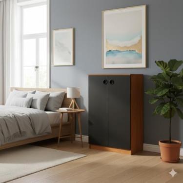 Imagem de Armário Multiuso Madri 2 Portas E Prateleiras Organizador Lavanderia Escritório (Cedro/Preto)