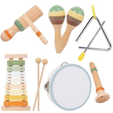 Imagem de Conjunto de Instrumentos Musicais Educativos de Madeira para Crianças: Tambor de Mão, Trompete, Maracas, 6 Peças - Brinquedo Musical Educativo