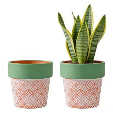 Imagem de Togestar Vasos decorativos de terracota com borda verde, design de padrão vintage, uso em jardim interno e externo, conjunto de 2 vasos com orifícios de drenagem, 15 cm