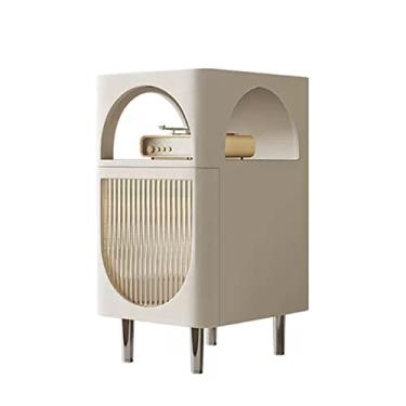 Imagem de Mesa de cabeceira branca moderna com gavetas de madeira maciça e prateleira de armazenamento aberta, armário de cabeceira ultra estreito com acabamento de couro