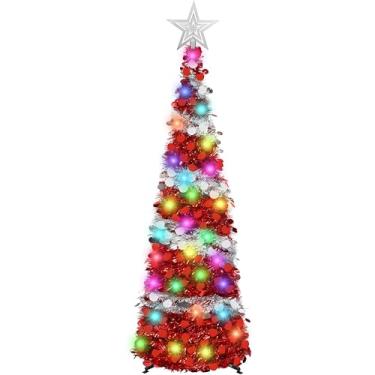 Imagem de Lavwix Árvore de Natal pop-up de 1,5 m com 50 luzes de LED e controle remoto, topo de estrela, fácil montagem com suporte, árvore de lápis de Natal dobrável para decoração de festa de Natal em casa