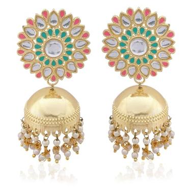 Imagem de Brincos Moonstruck Tradicionais Indianos em Forma de Cúpula Dourada Leve Jhumka/Jhumki com Meenakari e Pérolas para Mulheres (Verde/Rosa), Zinco, Sem pedra preciosa