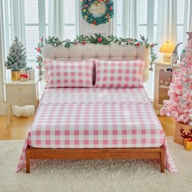 Imagem de Joyreap Jogo de lençol casal com design guingão rosa e branco, 4 peças, microfibra escovada, ultramacia, inclui 1 lençol de cima, 1 lençol com elástico, 2 fronhas