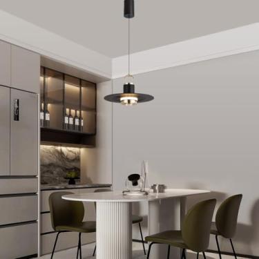 Imagem de Lustre pendente moderno de LED, redondo, com cúpula de alumínio ajustável para cima e para baixo, ideal para ilha de cozinha, mesa de jantar ou sala de estar (preto).