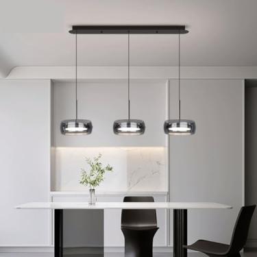 Imagem de Lustre pendente LED moderno com cúpula de vidro ajustável, luminária de teto redonda com abajur de vidro preto para sala de jantar, quarto, cozinha, ilha, hall de entrada.