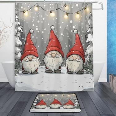 Imagem de xigua Gnomos de Natal fofos conjuntos de tapetes de cortina de banho 2 peças, conjunto de tema de banheiro (152 x 182 cm) com cortina de chuveiro e tapete antiderrapante -12 ganchos444