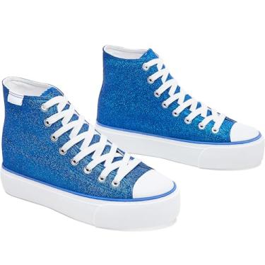 Imagem de ALTOCIS Tênis moderno com plataforma com glitter, tênis feminino brilhante, cano alto, plataforma confortável, Glitter azul royal, 35