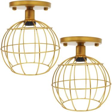 Imagem de 2 Lustres Teto Plafon Industrial Aramado Globo Retrô Luminária Sobrepor Vintage Dourado Agp Ilumini