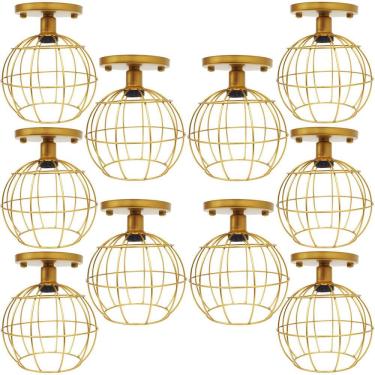 Imagem de 10 Lustres Teto Plafon Industrial Aramado Globo Retrô Luminária Sobrepor Vintage Dourado AgpIlumini