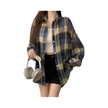 Imagem de Camisa Xadrez Feminina Oversized De Chiffon Transparente Com Mangas Co