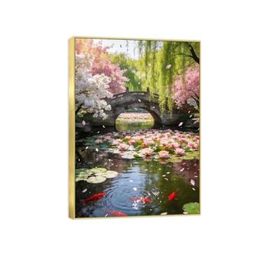Imagem de BMZFYBS Impressão em tela de paisagem pronta para pendurar - árvore flores do lago ponte arte de parede pintura moderna decoração de casa moldura dourada imagem 70 x 100 cm 27 x 39 pol