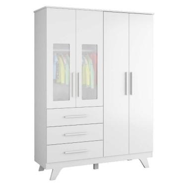 Imagem de Guarda Roupa Infantil Retrô 4 Portas Com Janelas E 3 Gavetas Branco Brilho - Móveis Peroba
