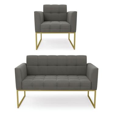 Imagem de Kit 1 Sofá Namoradeira E 1 Poltrona Elisa Suede Grafite Base Metálica Industrial Dourada - D'rossi
