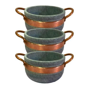 Imagem de Kit 3 Cumbucas Alça De Cobre Pedra Sabão Caldo Sopa 500ml