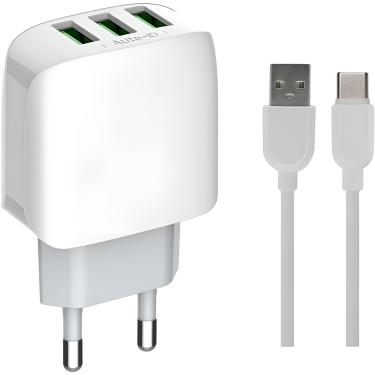 Imagem de Adaptador Carregador Tomada Três Saídas Turbo 3.1A Cabo USB-C - Alta Velocidade para Android
