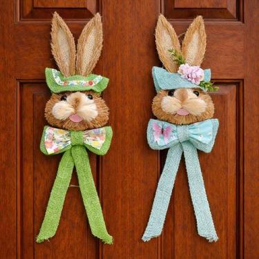 Imagem de Dupla Pendente Cabeça Coelho Decoração De Páscoa Palha 50cm - Genérico