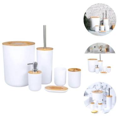 Imagem de Kit Banheiro 6 Peças Em Bambu Lixeira 5l Escova Sanitária Lavabo - Cli
